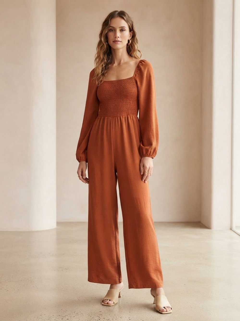 Square-Neck Smocked Waist Wide-Leg Jumpsuit in Rust Orange